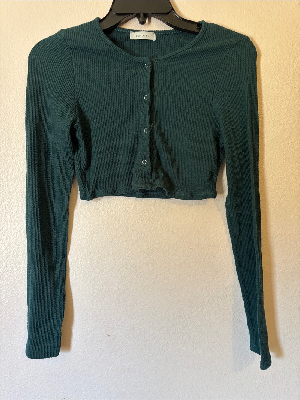 Woman’s Real Teal Button Down Thermal Crop Top Long Sleeve, Size S